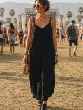 Black Crinkle Gauze Maxi Dress Adjustable Tie Back Boho Resort Loungewear